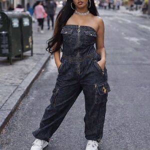 VINTAGE BABY PHAT Early 2000s Y2K Strapless Cargo Denim Jumpsuit